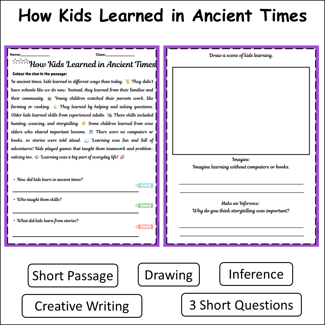 How Kids Learned in Ancient Times | Short Reading Comprehension Creative Worksheet