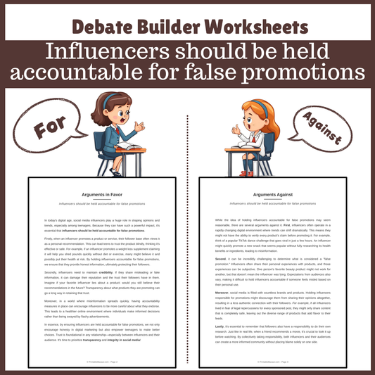 Influencers should be held accountable for false promotions | Favour and Against Worksheet Printable Activity