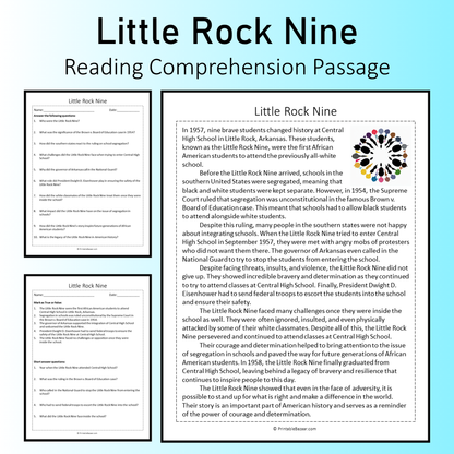 Little Rock Nine | Reading Comprehension Passage Printable Worksheet