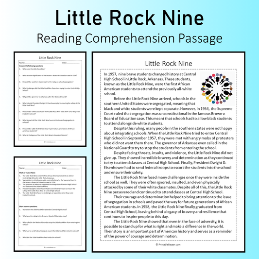 Little Rock Nine | Reading Comprehension Passage Printable Worksheet