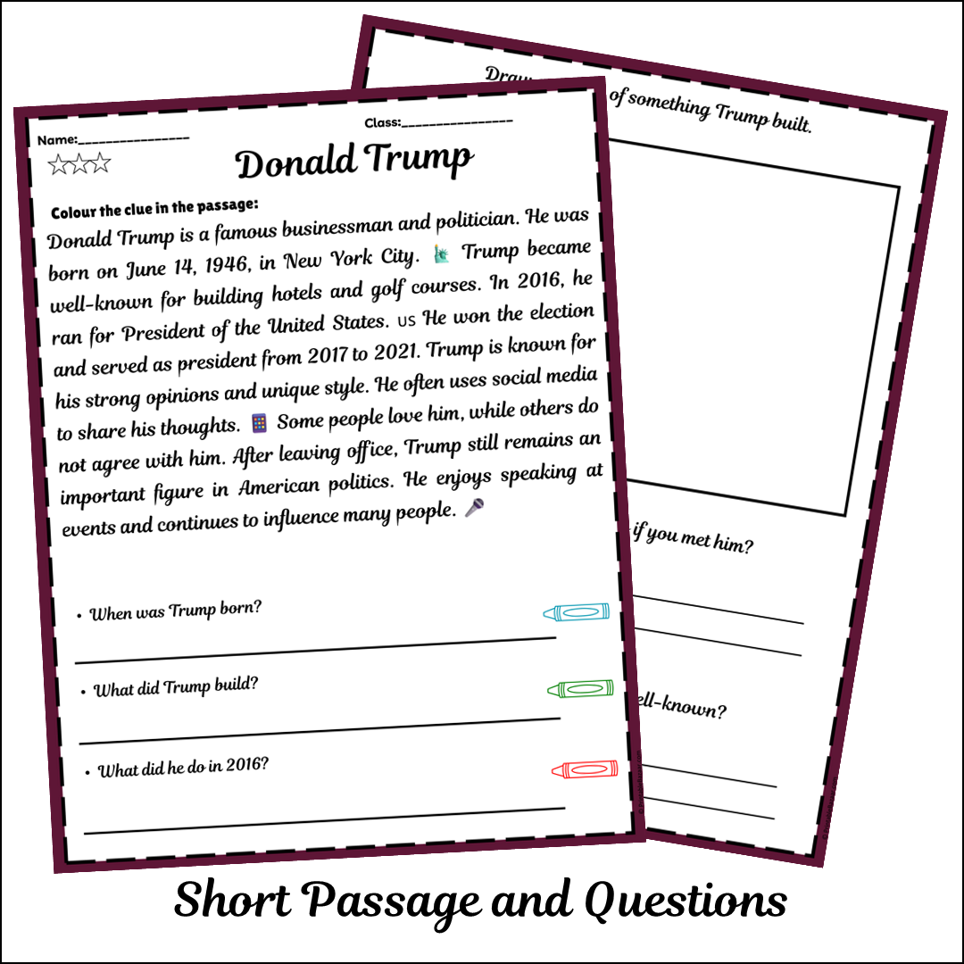 Donald Trump | Short Reading Comprehension Creative Worksheet