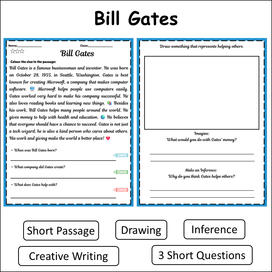 Bill Gates | Short Reading Comprehension Creative Worksheet