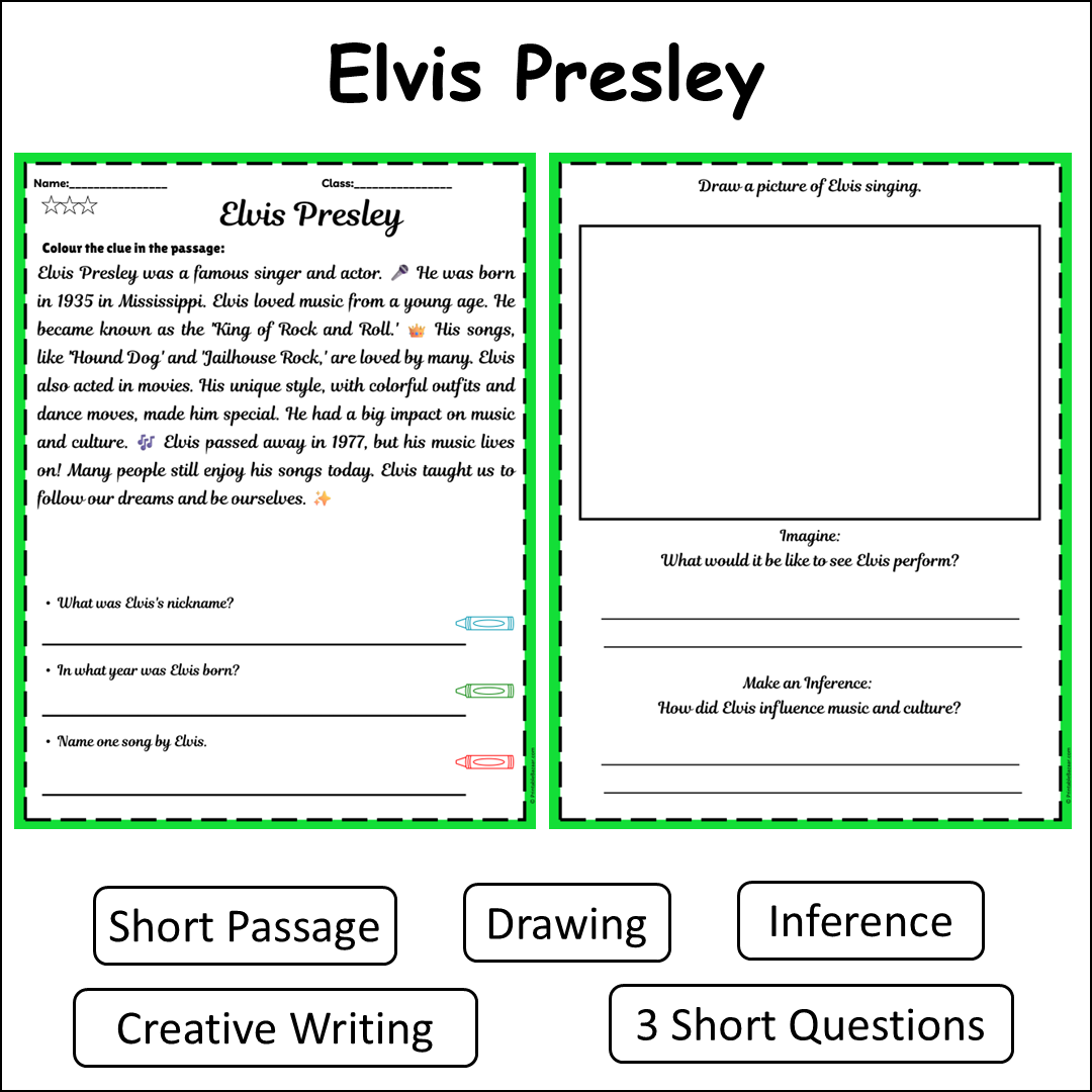Elvis Presley | Short Reading Comprehension Creative Worksheet