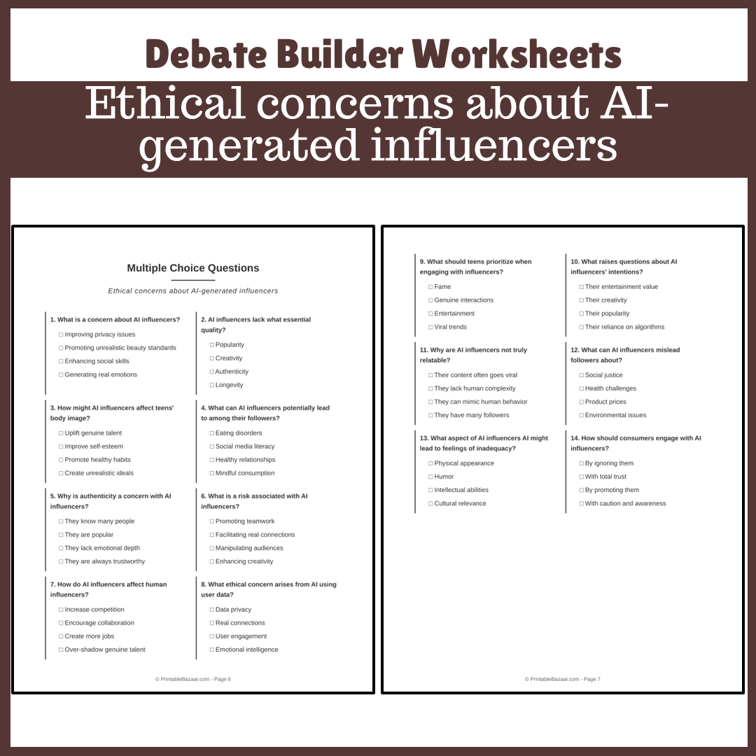 Ethical concerns about AI-generated influencers | Favour and Against Worksheet Printable Activity
