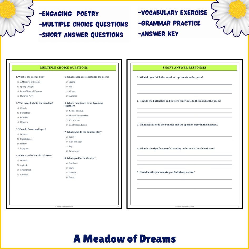 A Meadow of Dreams | Poem Grammar Worksheet Printable Activity