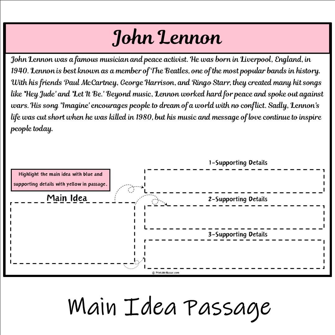 John Lennon | Main Idea and Supporting Details Reading Passage and Questions