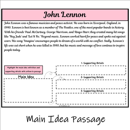 John Lennon | Main Idea and Supporting Details Reading Passage and Questions