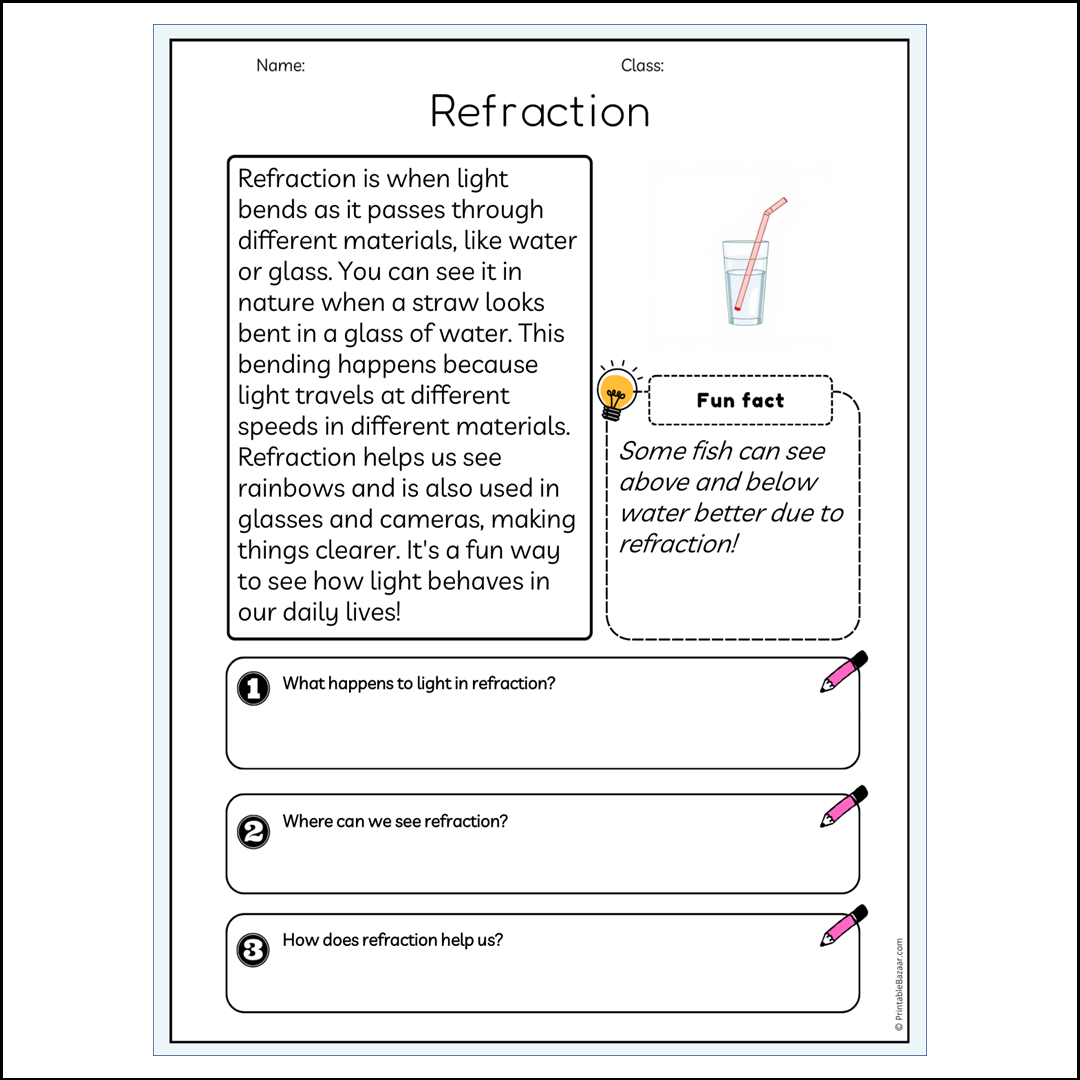 Refraction | Reading Passage Comprehension Questions Writing Facts Worksheet