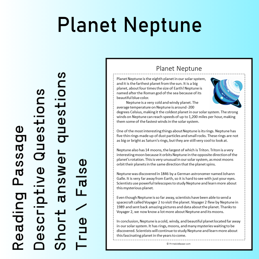 Planet Neptune | Reading Comprehension Passage Printable Worksheet