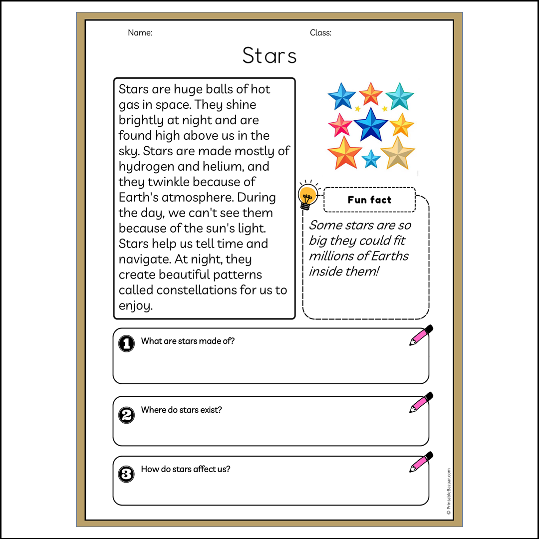 Stars | Reading Passage Comprehension Questions Writing Facts Worksheet