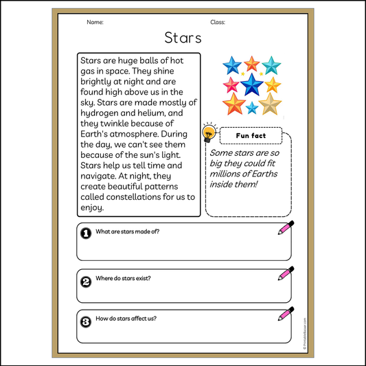 Stars | Reading Passage Comprehension Questions Writing Facts Worksheet