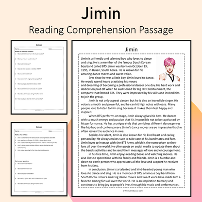 Jimin | Reading Comprehension Passage Printable Activity