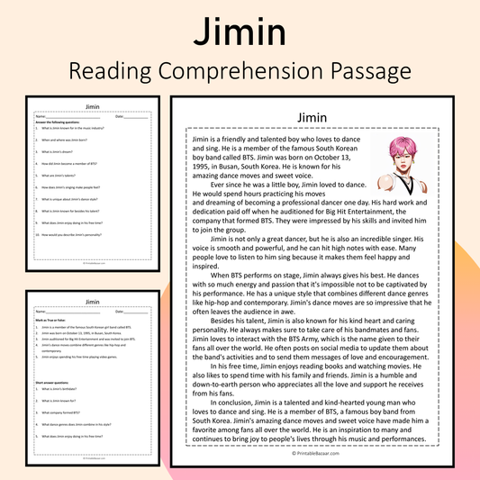 Jimin | Reading Comprehension Passage Printable Activity
