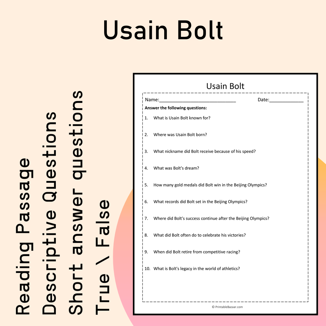 Usain Bolt | Reading Comprehension Passage Printable Activity