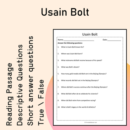 Usain Bolt | Reading Comprehension Passage Printable Activity