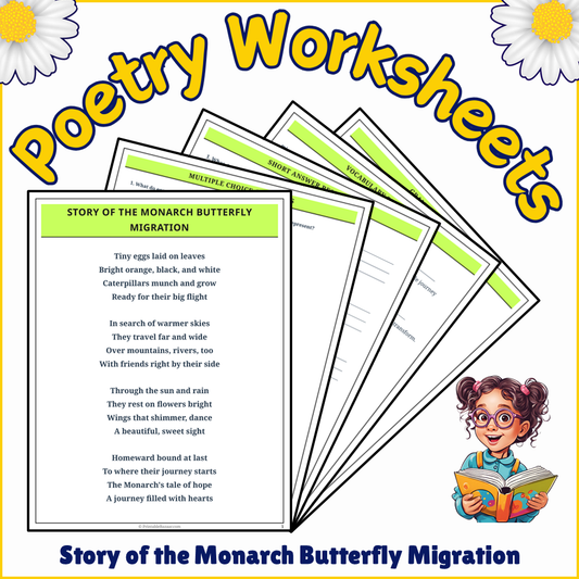 Story of the Monarch Butterfly Migration | Poem Grammar Worksheet Printable Activity