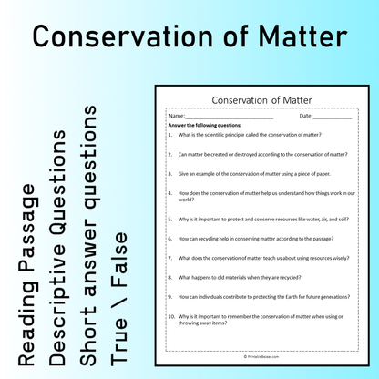 Conservation of Matter | Reading Comprehension Passage Printable Worksheet