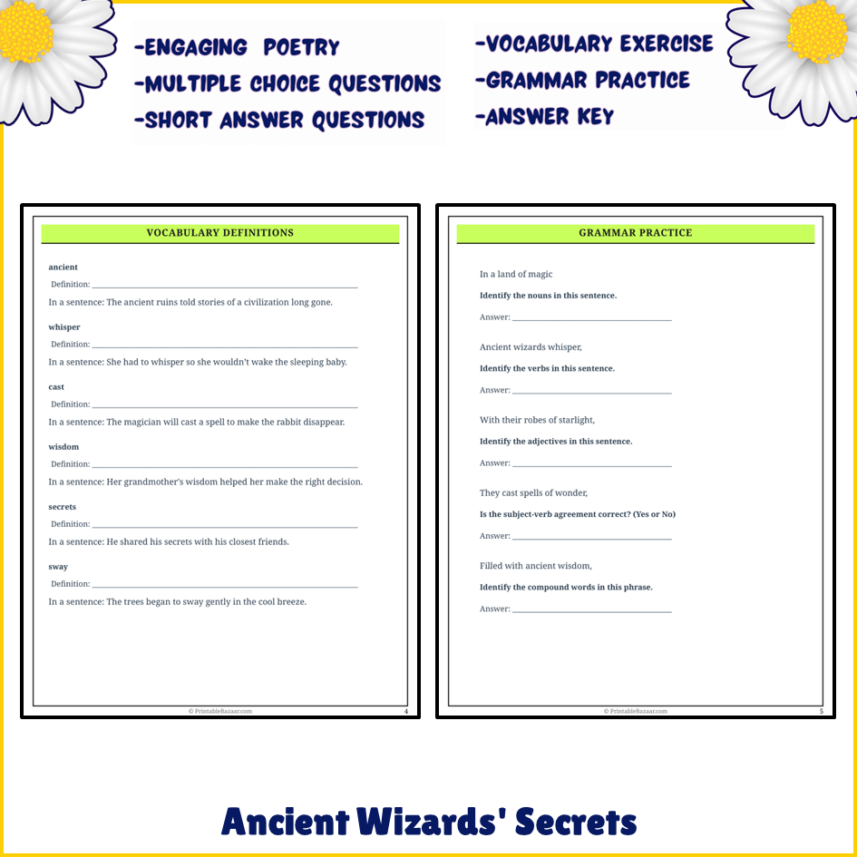 Ancient Wizards' Secrets | Poem Grammar Worksheet Printable Activity