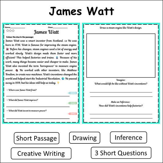 James Watt | Short Reading Comprehension Creative Worksheet
