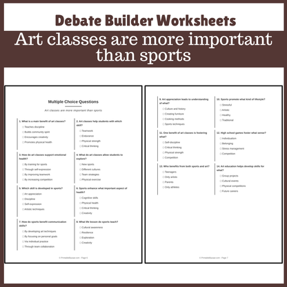 Art classes are more important than sports | Favour and Against Worksheet Printable Activity