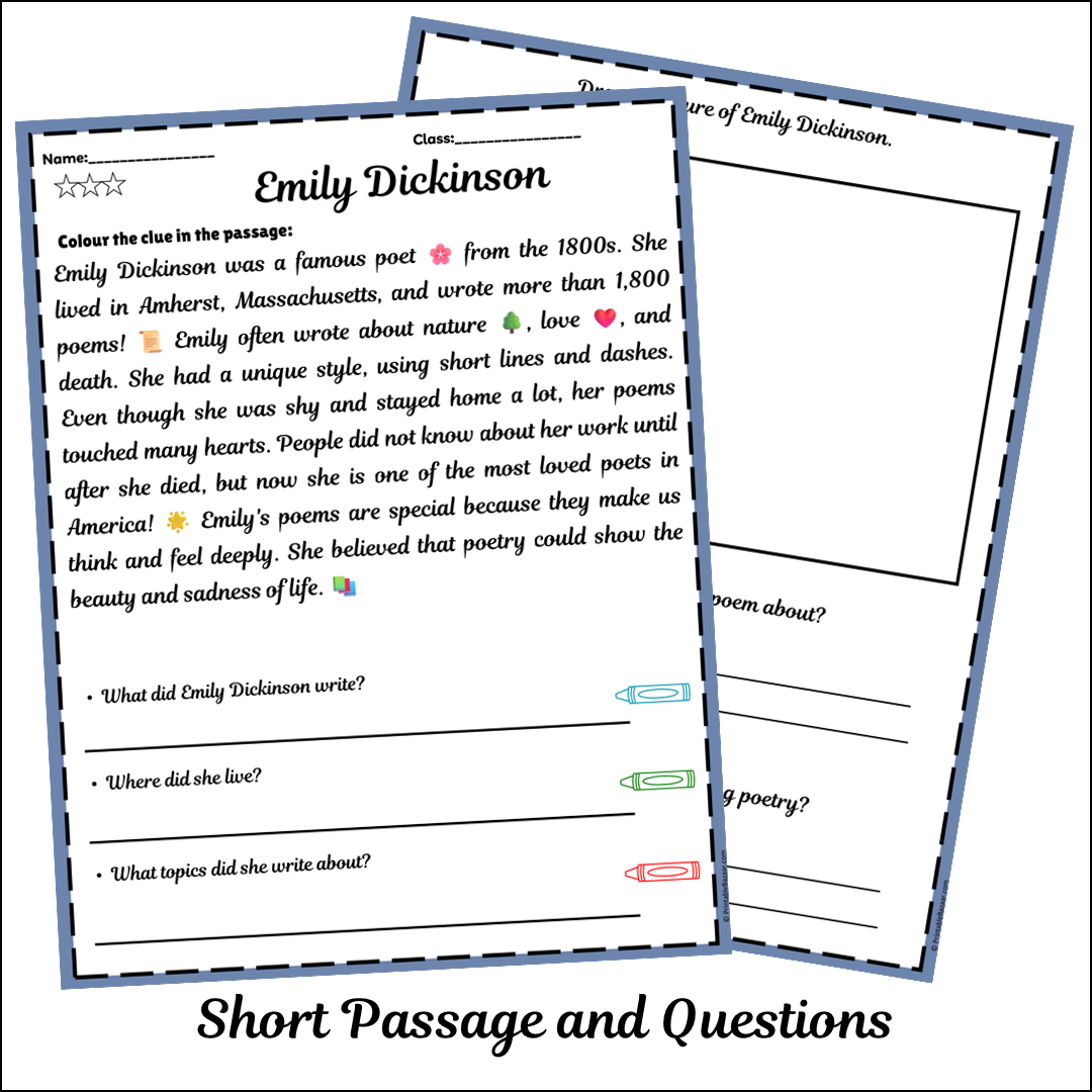 Emily Dickinson | Short Reading Comprehension Creative Worksheet