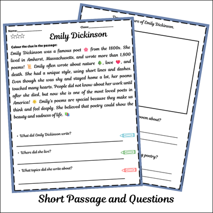 Emily Dickinson | Short Reading Comprehension Creative Worksheet