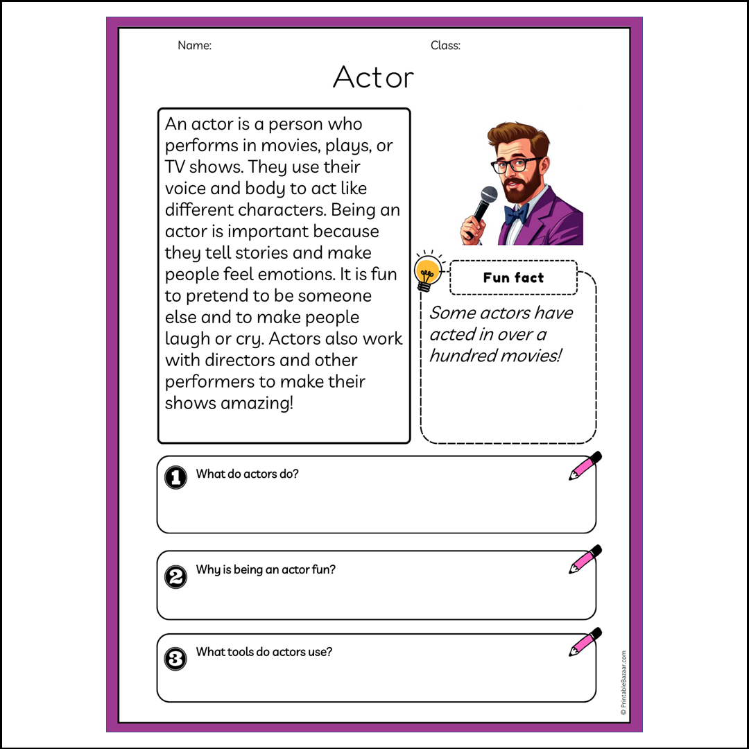 Actor | Reading Passage Comprehension Questions Writing Facts Worksheet