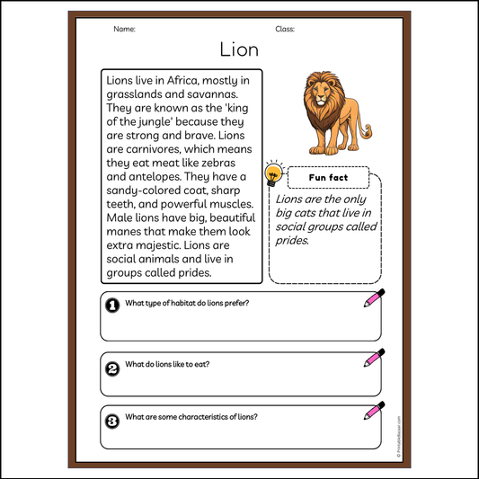 Lion | Reading Passage Comprehension Questions Writing Facts Worksheet