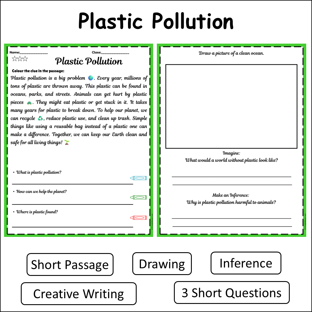 Plastic Pollution | Short Reading Comprehension Creative Worksheet