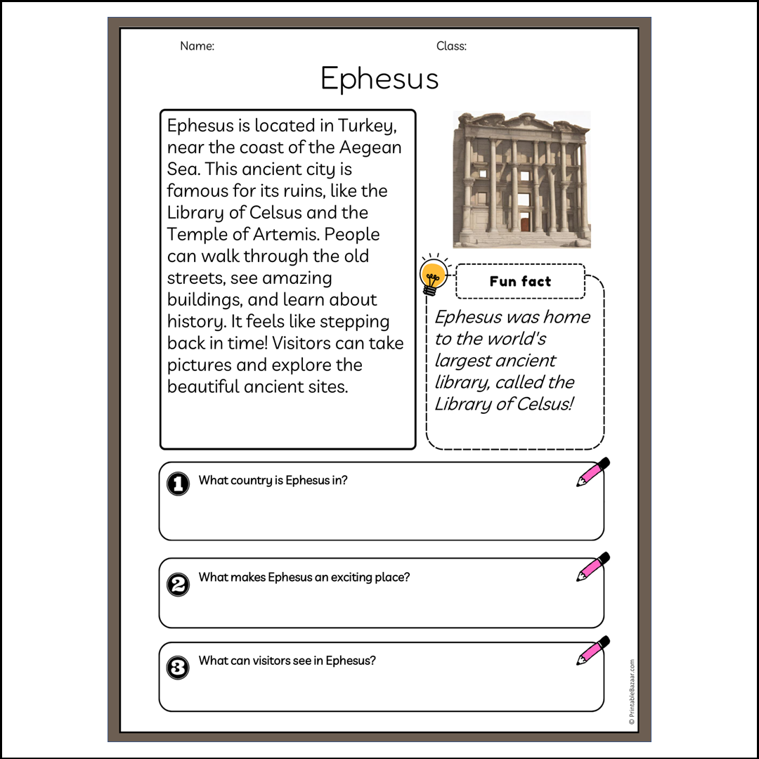 Ephesus | Reading Passage Comprehension Questions Writing Facts Worksheet