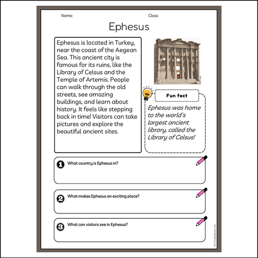 Ephesus | Reading Passage Comprehension Questions Writing Facts Worksheet