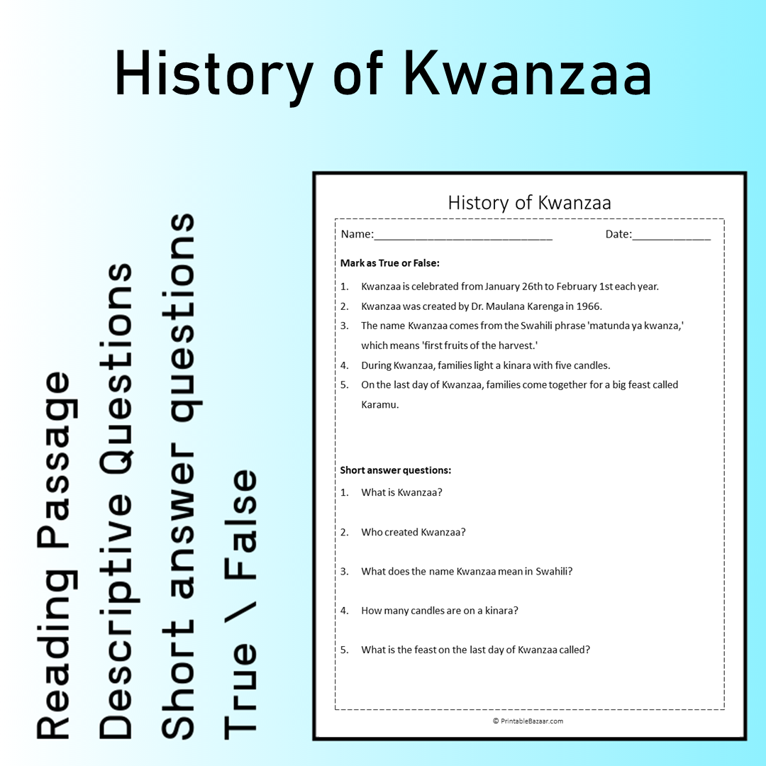 History of Kwanzaa | Reading Comprehension Passage Printable Worksheet