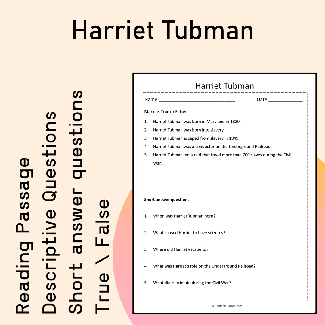 Harriet Tubman | Reading Comprehension Passage Printable Activity