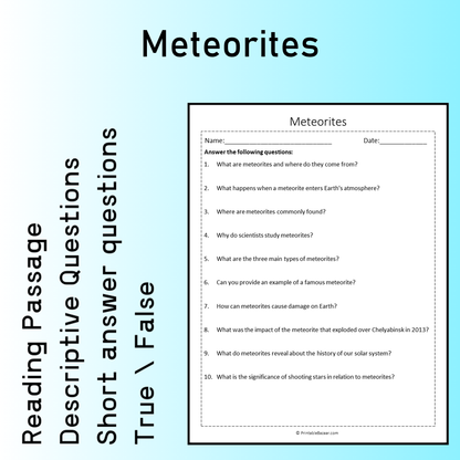 Meteorites | Reading Comprehension Passage Printable Worksheet