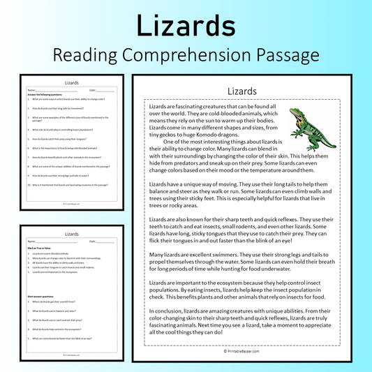 Lizards | Reading Comprehension Passage Printable Worksheet