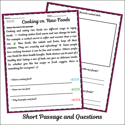 Cooking vs. Raw Foods | Short Reading Comprehension Creative Worksheet