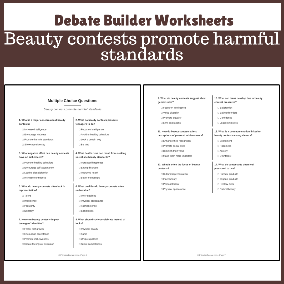 Beauty contests promote harmful standards | Favour and Against Worksheet Printable Activity