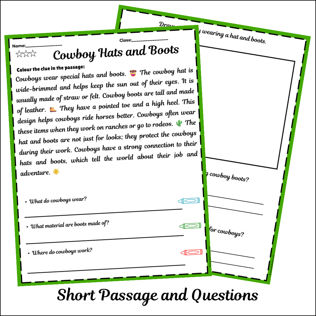 Cowboy Hats and Boots | Short Reading Comprehension Creative Worksheet