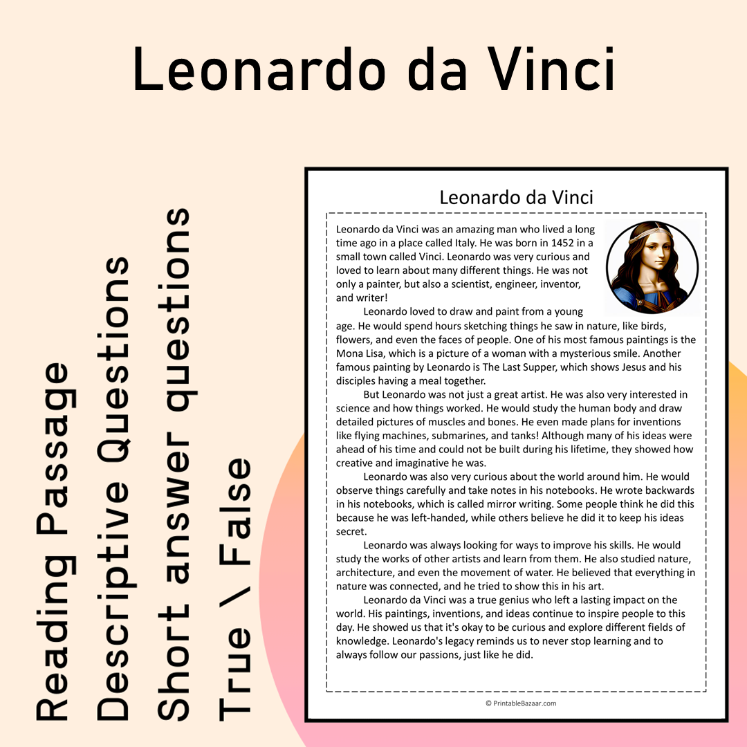 Leonardo da Vinci | Reading Comprehension Passage Printable Activity