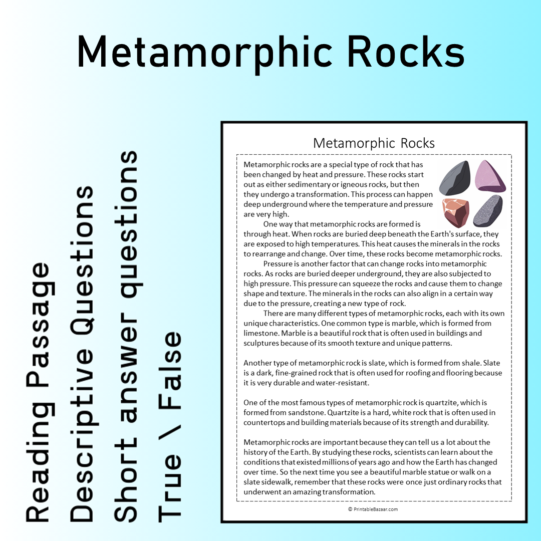 Metamorphic Rocks | Reading Comprehension Passage Printable Worksheet