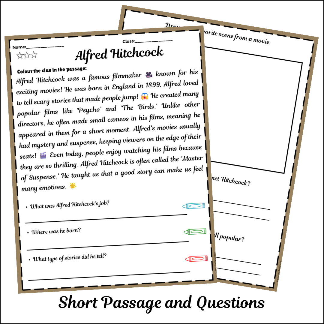 Alfred Hitchcock | Short Reading Comprehension Creative Worksheet