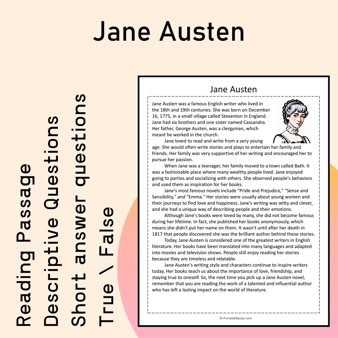 Jane Austen | Reading Comprehension Passage Printable Activity