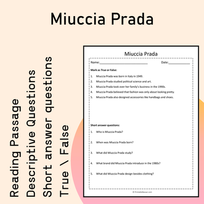 Miuccia Prada | Reading Comprehension Passage Printable Activity