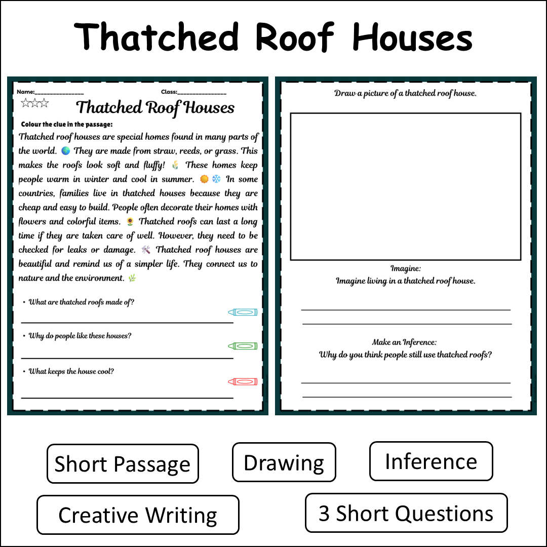 Thatched Roof Houses | Short Reading Comprehension Creative Worksheet