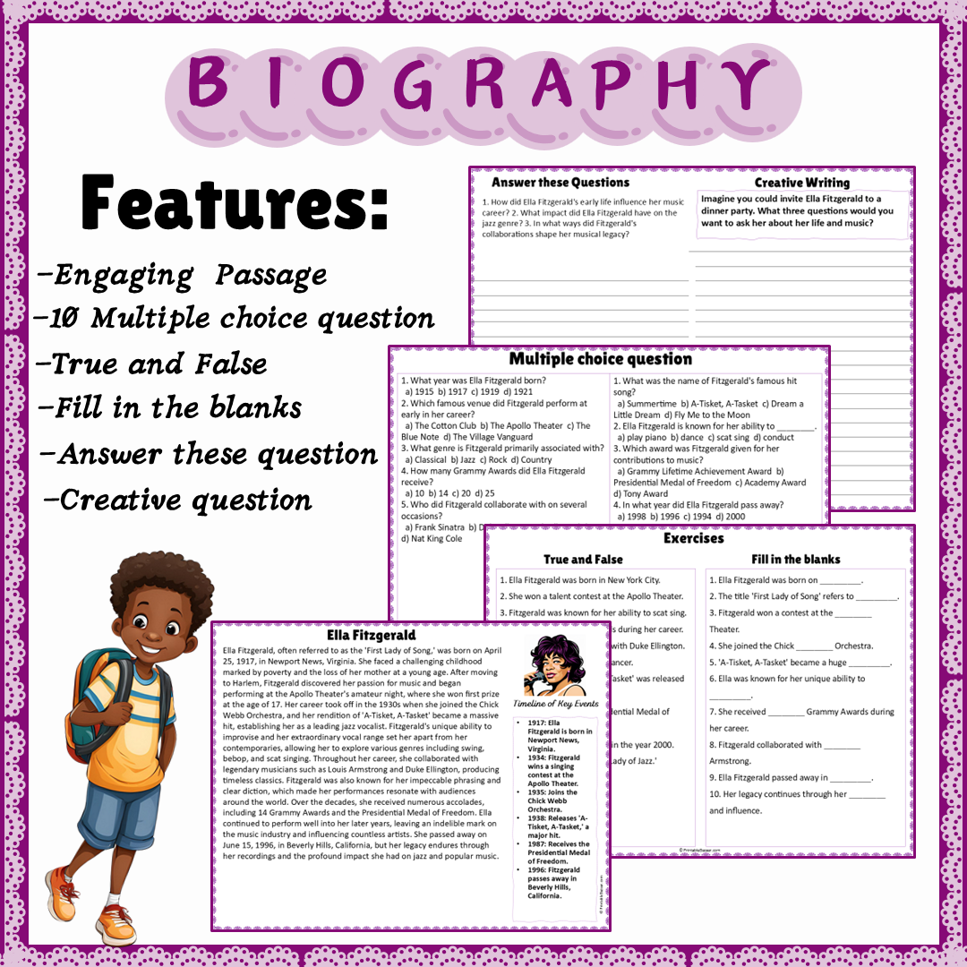 Ella Fitzgerald | Biography Reading Comprehension and Questions Worksheet