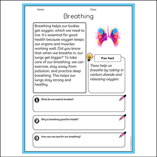 Breathing | Reading Passage Comprehension Questions Writing Facts Worksheet