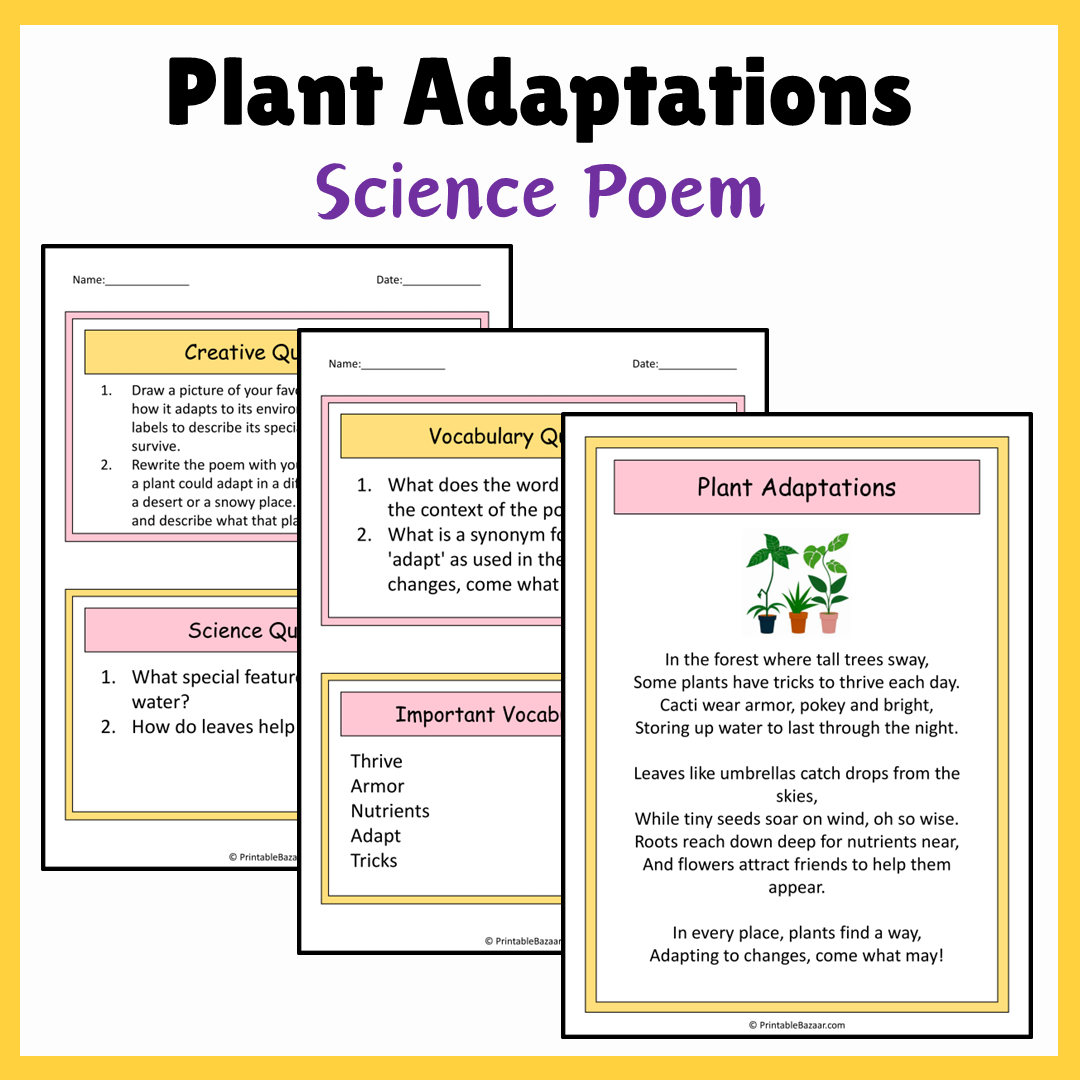 Plant Adaptations | Science Poem Reading Comprehension Activity