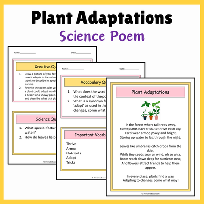 Plant Adaptations | Science Poem Reading Comprehension Activity