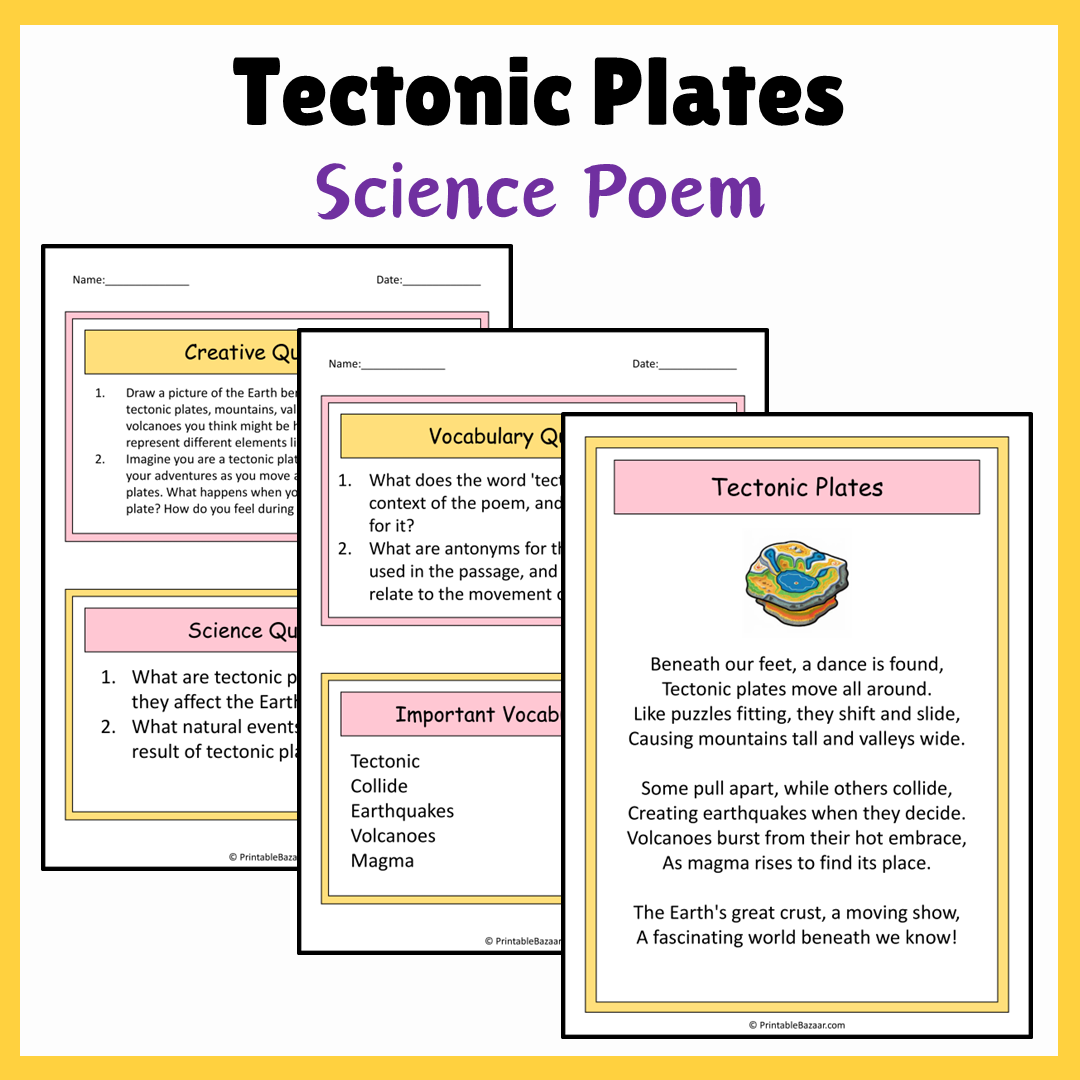 Tectonic Plates | Science Poem Reading Comprehension Activity