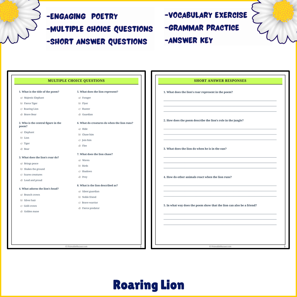 Roaring Lion | Poem Grammar Worksheet Printable Activity